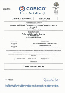 Certyfikat Zgodności - Chleb Wilamowicki